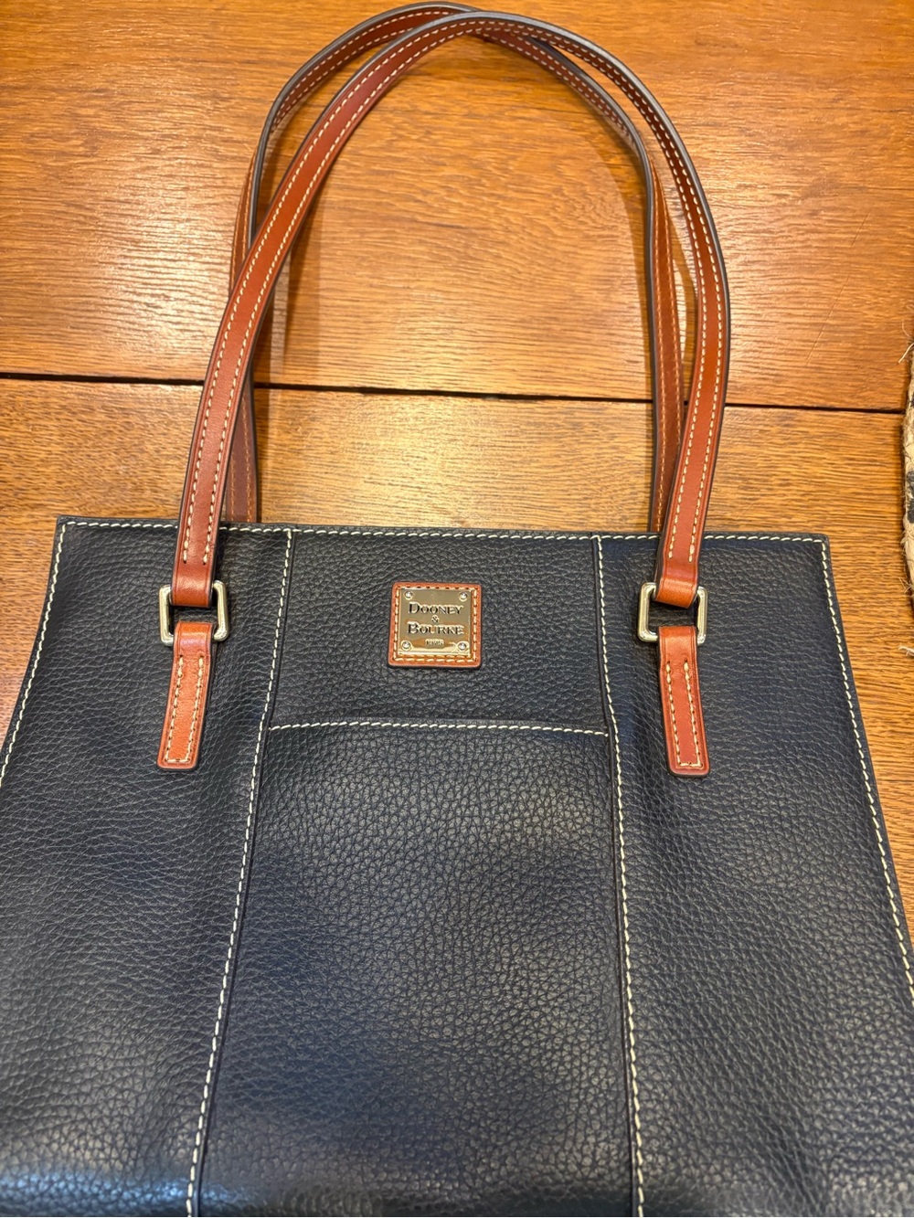 Dooney & Bourke Navy Pebble Leather Tote with Brown Trim